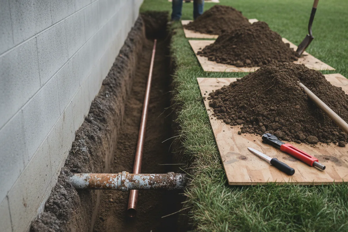 Excavated water line trench during Sewer Line Repair in Marble Hill